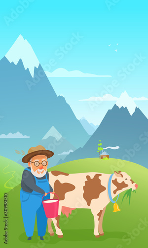 Happy elderly man and a chewing cow standing on a summer meadow. Grandpa holds a bucket with fresh milk, smiling. Mountains, house, and sky on the background. Ranch morning scene.