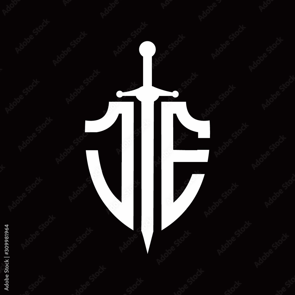 JE logo with shield shape and sword design template