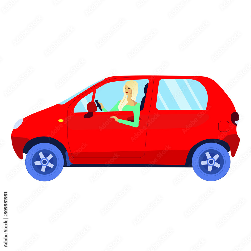 Blonde hair woman driving a red bantam car. Isolate vector flat illustration. Blonde hair woman driving a red bantam car. Isolate vector flat illustration.