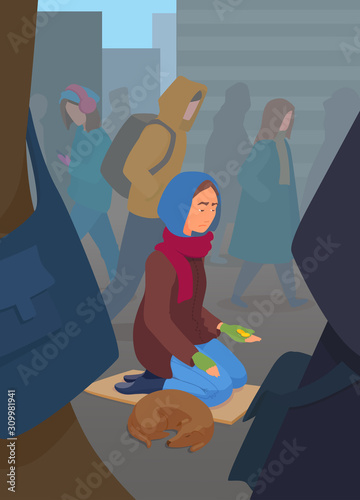 Young adult woman beggar asking for money with her hand out. A lonely person in despair. 