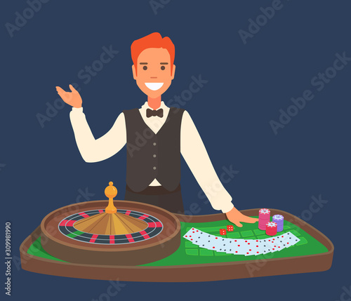 A smiling casino dealer stands in front of a roulette table. Male worker in elegant clothes: vest, bowtie. Casino employee. Cards, dice, casino tokens.