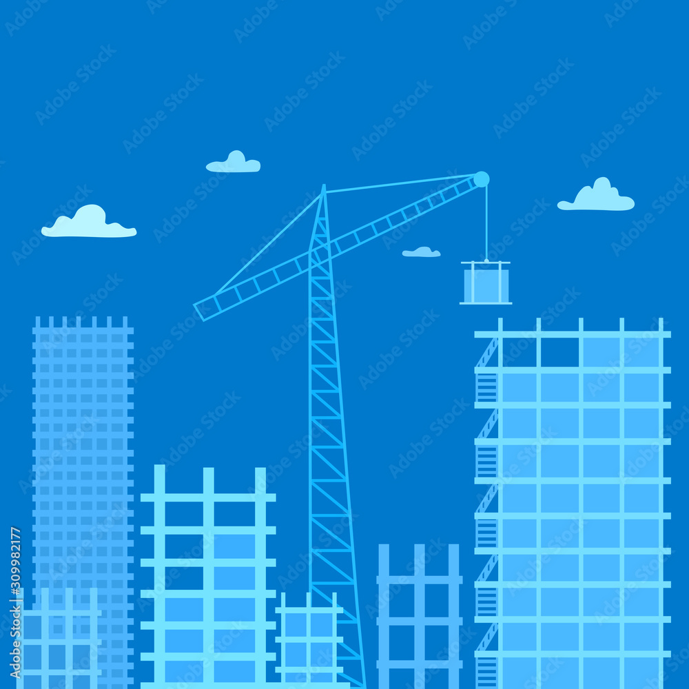Construction of multi-story buildings. Silhouettes of skyscraper houses, crane on the blue sky background with clouds. Construction site, new district. Monochrome vector illustration.