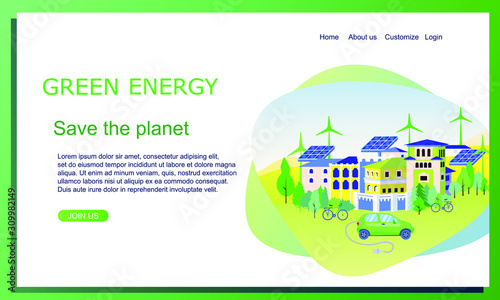 Landscape of eco friendly future town using green energy. Row of houses, trees, solar panel, windmill. Web site template. Design for environmental protection, global warming, recycle, renewable energy