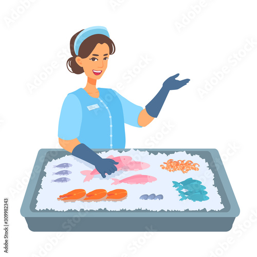 Woman fish seller is behind the counter with seafood on the ice. Girl worker holding a fish, shows the palm gesture at something, smiles. Vector cartoon illustration isolated on white background.