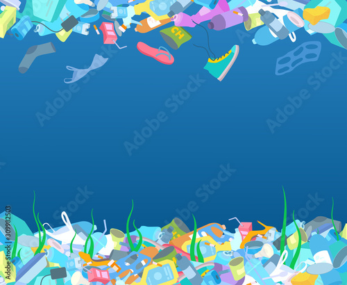 Environmental pollution. Garbage in the ocean, sea, river at the bottom and at the surface. A place for text.
