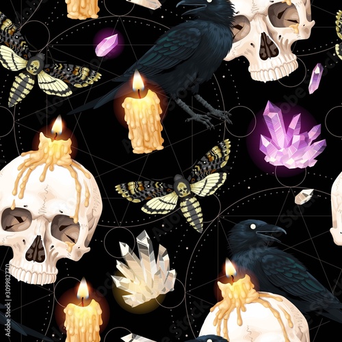 Seamless pattern with raven and human skull