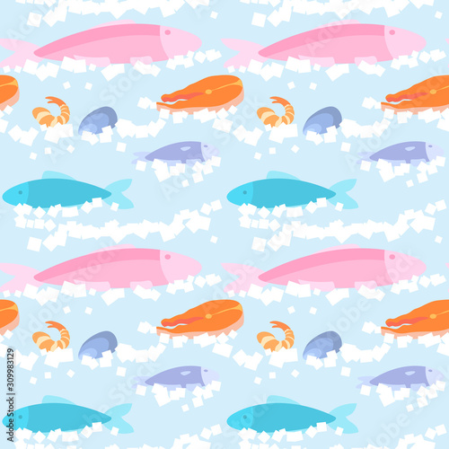Seamless pattern. Fish, mussels, shrimp, salmon steaks on ice.