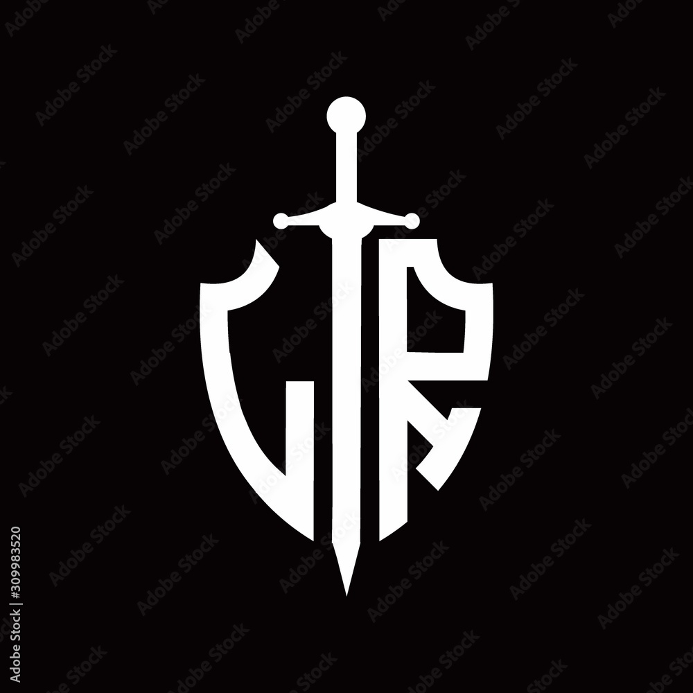 LR logo with shield shape and sword design template LR logo with shield shape and sword design template