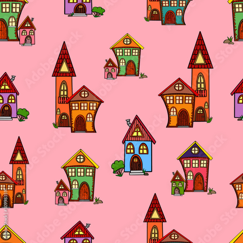 pattern colored houses childrens wallpaper seamless multicolored building doodle vector background brick stones © Mariana Kochmar