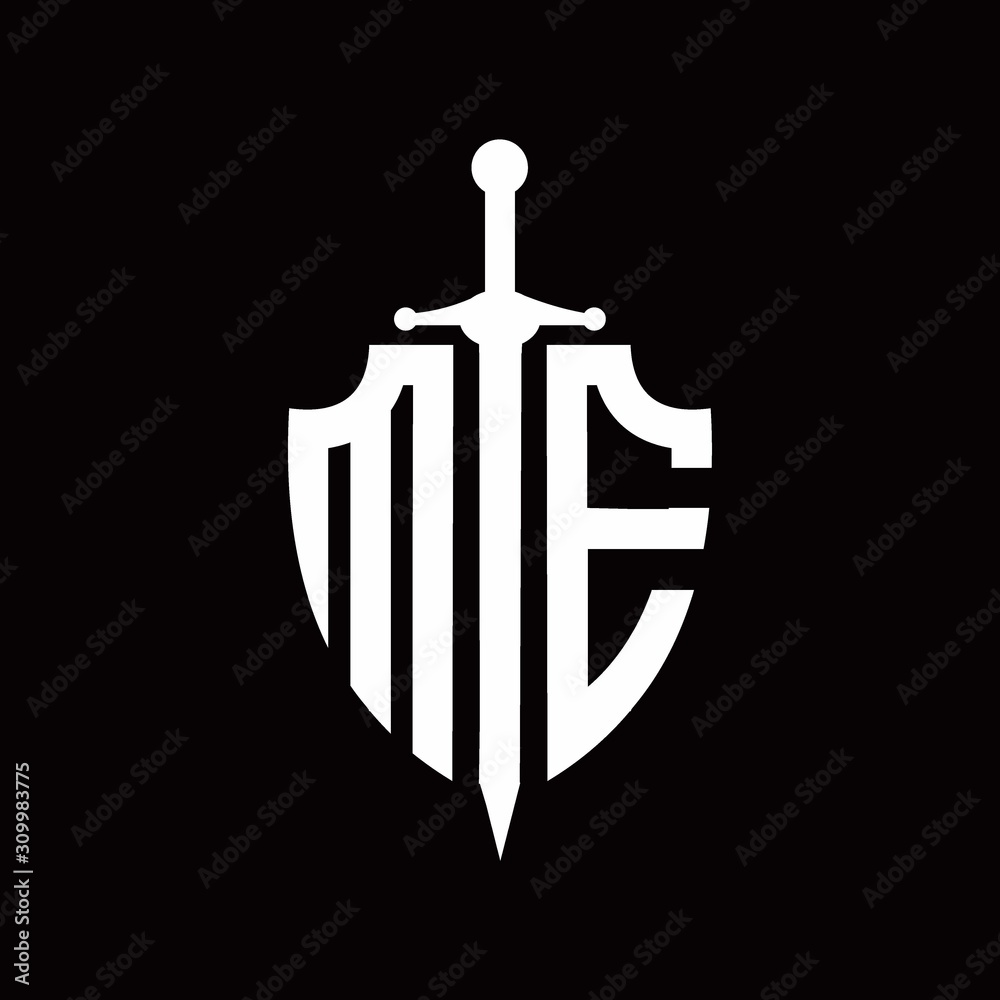 ME logo with shield shape and sword design template ME logo with shield shape and sword design template