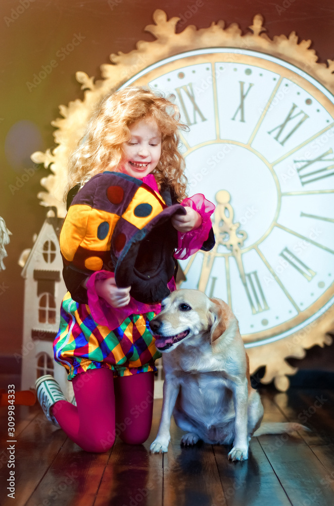 5 years old blonde girl in funny masquerade costume of clown with her dog. Child and dog together. Friendship between girl and dog. Fun together Stock Photo | Adobe Stock 5 years old blonde girl in funny masquerade costume of clown with her dog. Child and dog together. Friendship between girl and dog. Fun together Stock Photo | Adobe Stock