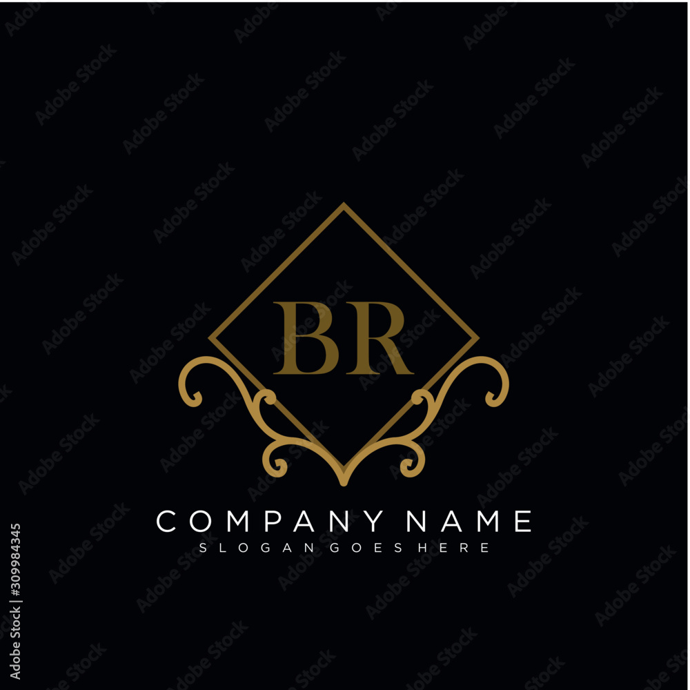 Initial letter BR logo luxury vector mark, gold color elegant classical