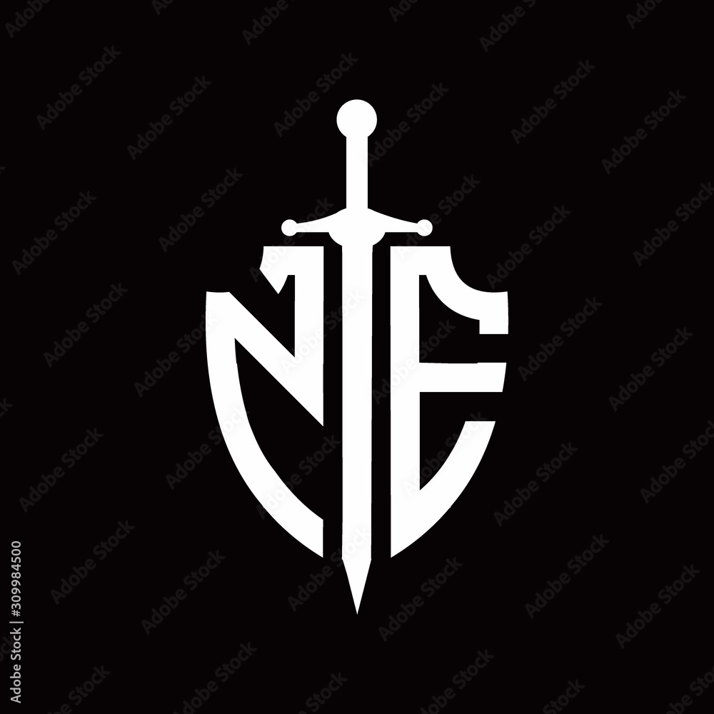 NE logo with shield shape and sword design template NE logo with shield shape and sword design template