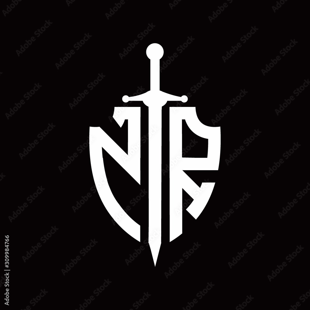 NR logo with shield shape and sword design template NR logo with shield shape and sword design template