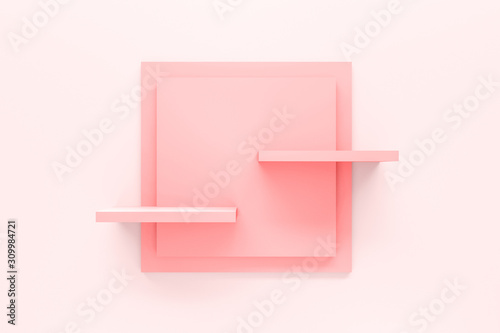 Modern pastel pink shelf display or frame with minimal style on white wall background. Blank product shelves panel. 3D rendering.
