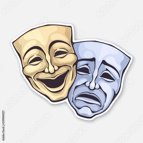 Vector illustration. Two theatrical comedy and drama mask. Sickness in psychology of bipolar disorder. Positive and negative emotion. Movie industry. Sticker with contour. Isolated white background