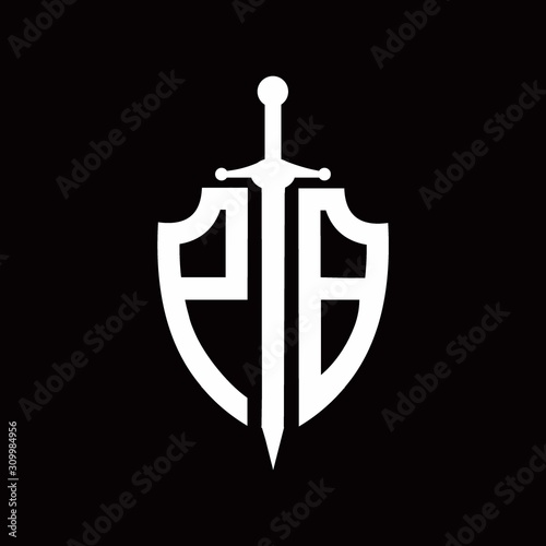 PB logo with shield shape and sword design template