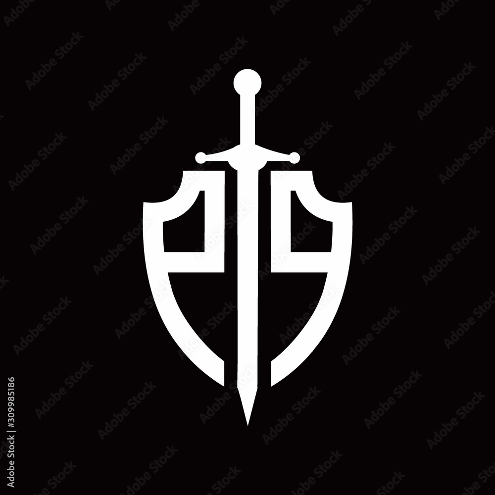 PP logo with shield shape and sword design template PP logo with shield shape and sword design template
