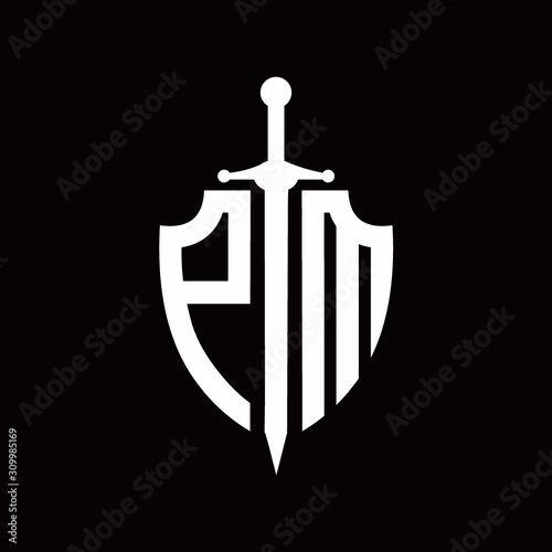 PM logo with shield shape and sword design template