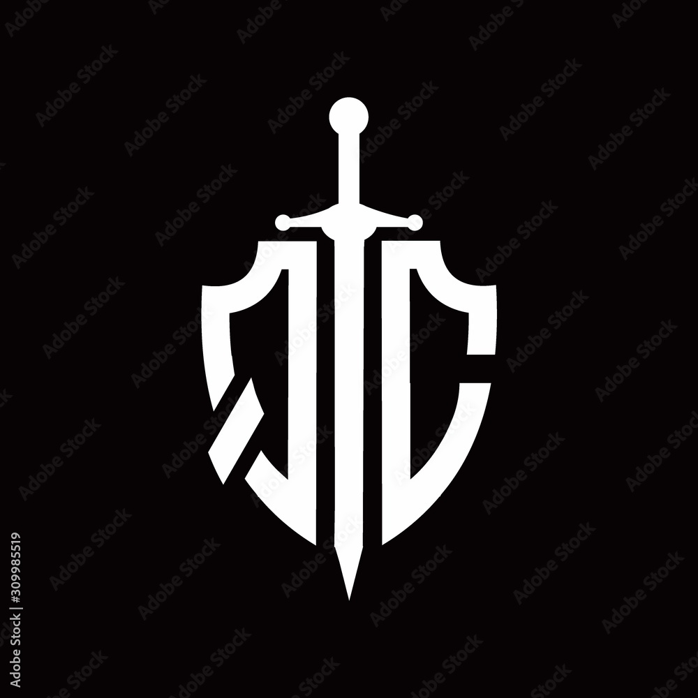 QC logo with shield shape and sword design template QC logo with shield shape and sword design template
