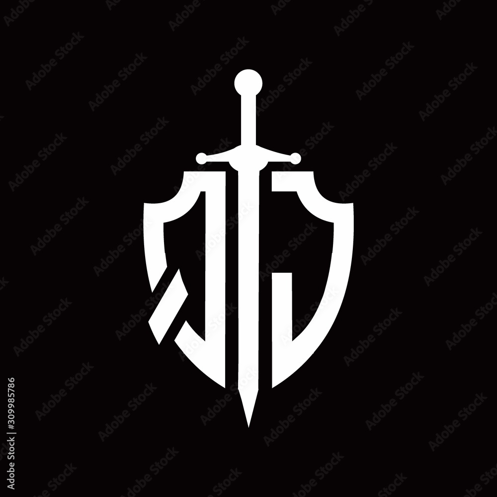 QJ logo with shield shape and sword design template QJ logo with shield shape and sword design template