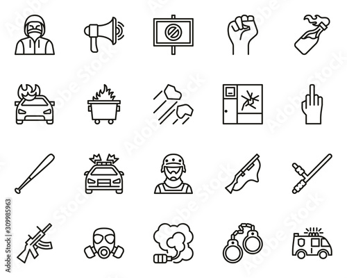 Riot or Public Disturbance Icons Thin Line Set Big