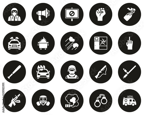 Riot or Public Disturbance Icons White On Black Circle Set Big