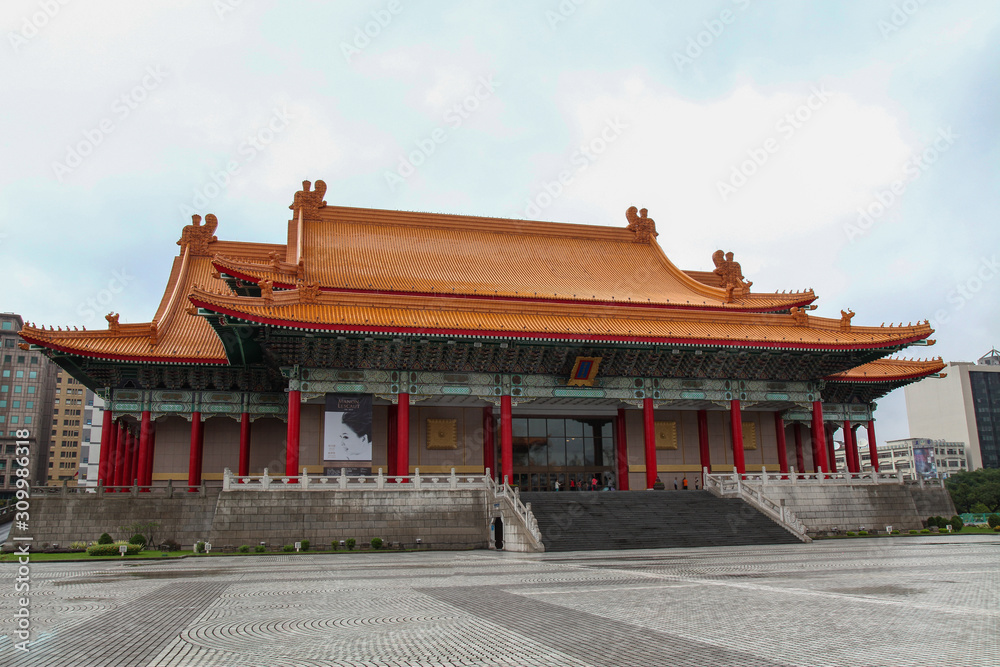 Taipei, Taiwan - October 12, 2018: The National Theater and National Concert Hall at Chiang Kai Shek memorial hall. In the rainy day taiwan. Taipei, Taiwan - October 12, 2018: The National Theater and National Concert Hall at Chiang Kai Shek memorial hall. In the rainy day taiwan.