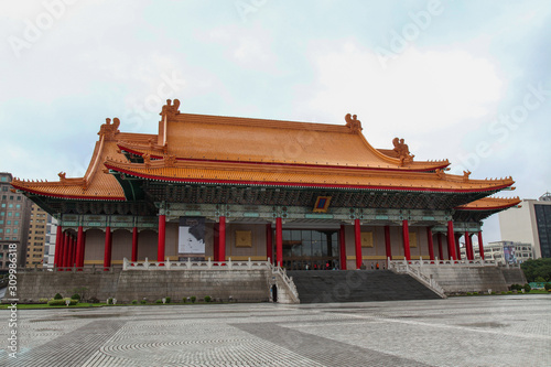 Taipei, Taiwan - October 12, 2018: The National Theater and National Concert Hall at Chiang Kai Shek memorial hall. In the rainy day taiwan.