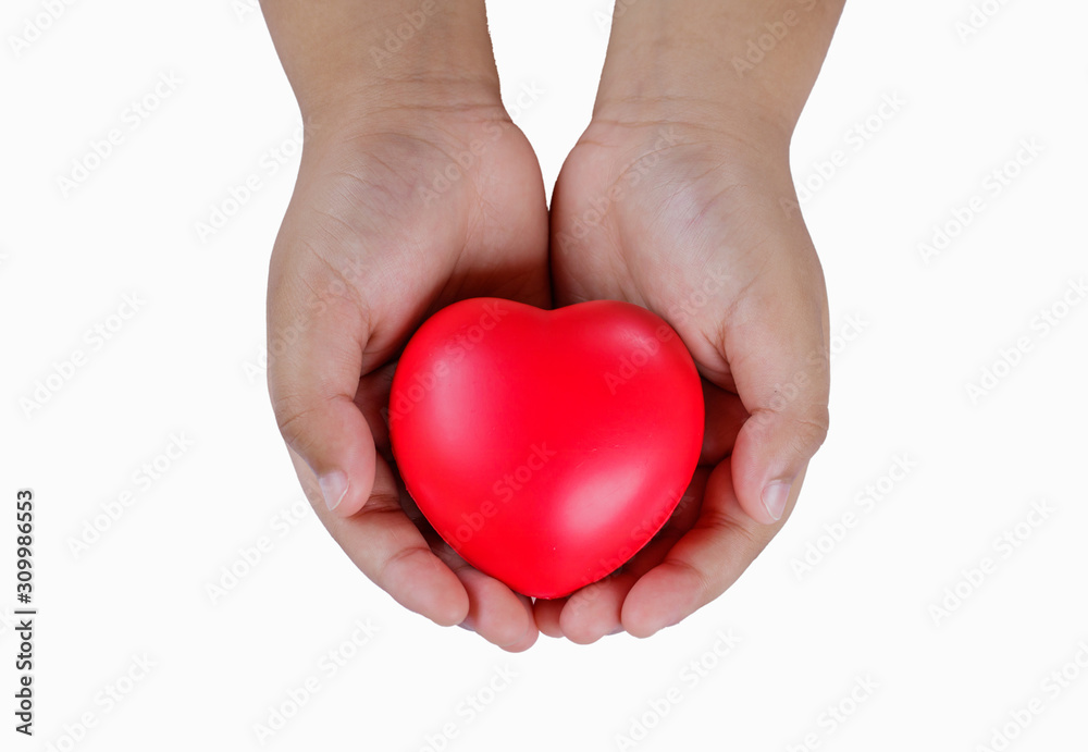 Red heart on hand on white background. Red heart on hand on white background.