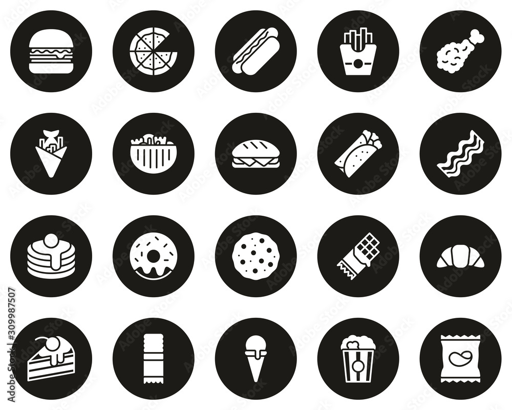 Snack Or Junk Food Icons White On Black CircleSet Big