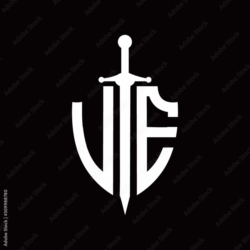 VE logo with shield shape and sword design template VE logo with shield shape and sword design template