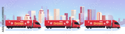 delivery semi trucks driving city street shipping transport for merry christmas happy new year winter holidays celebration concept horizontal snowy cityscape background flat vector illustration