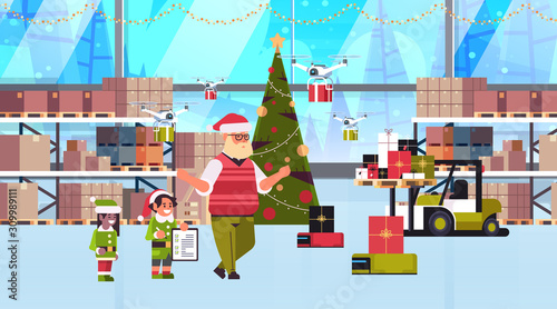 elves couple helpers of santa claus working together with gift present boxes modern warehouse interior christmas holidays celebration concept full length horizontal vector illustration