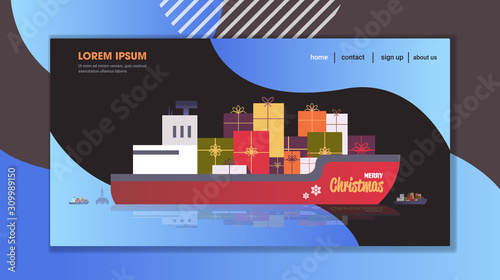 container cargo ship with gift present boxes logistic transportation concept christmas new year winter holidays celebration flat horizontal copy space vector illustration