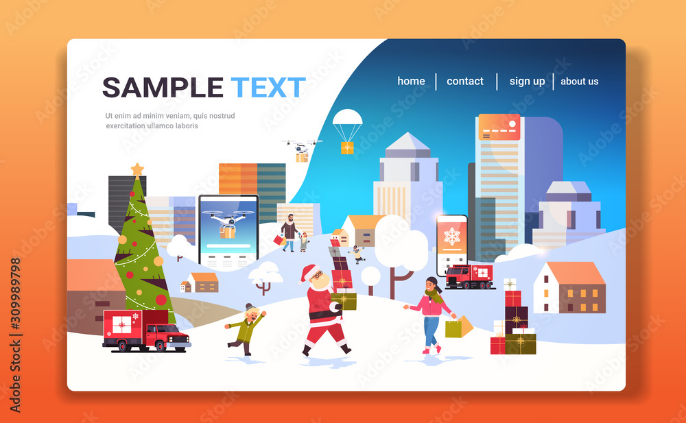 santa claus carrying gift boxes people with shopping bags walking outdoor preparing for christmas new year holidays men women using online mobile application winter cityscape background horizontal