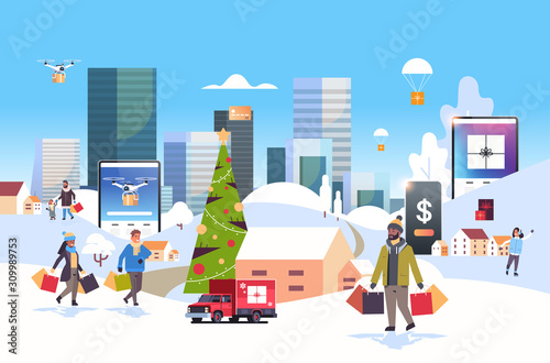 santa claus carrying gift boxes mix race people with shopping bags walking outdoor preparing for christmas new year holidays men women using online mobile app winter cityscape background horizontal