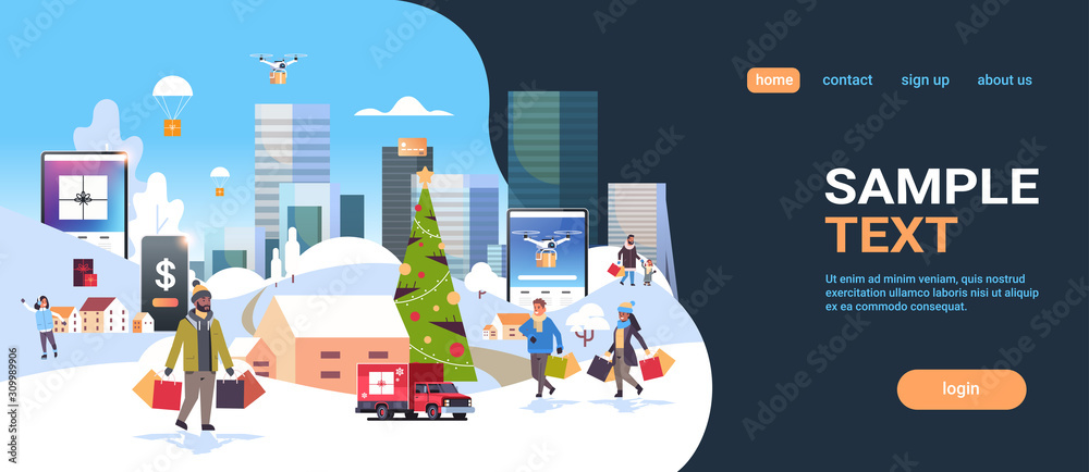 mix race people with shopping bags walking outdoor using online mobile app preparing for christmas new year holidays winter cityscape background horizontal copy space vector illustration