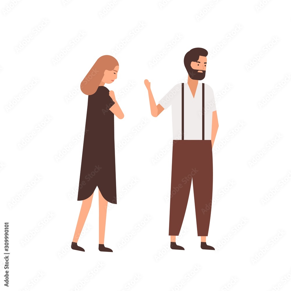 Boyfriend leaving girlfriend flat vector illustration. Depressed woman following indifferent partner cartoon characters. Husband saying goodbye, farewell gesture to wife. Couple breakup concept.