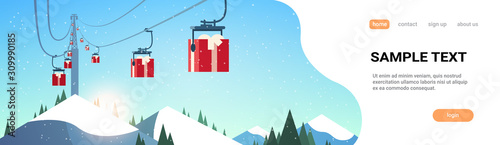 ski resort with gift boxes cableway in mountains christmas new year holidays celebration winter vacation concept horizontal landscape background copy space flat vector illustration