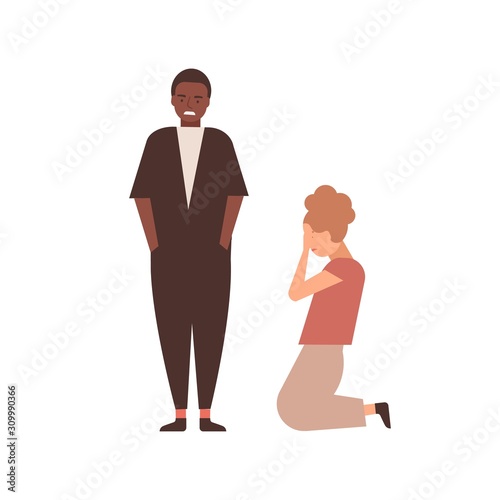 Relationships crisis flat vector illustration. Young woman kneeling near man cartoon characters. Angry husband arguing with wife. Family conflict, breakup. Guilty girl begging for forgiveness.