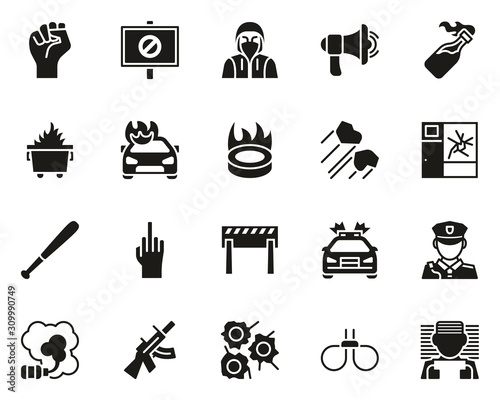 Violent Protest Or Demonstration Icons Black & White Set Big