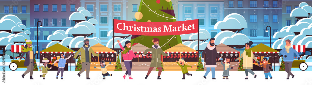 Obraz premium christmas market or holiday outdoor fair with decorated fir tree mix race people walking near stalls merry xmas new year winter holidays celebration concept modern cityscape background horizontal