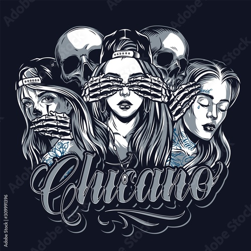 No Evil Monkeys chicano tattoo template