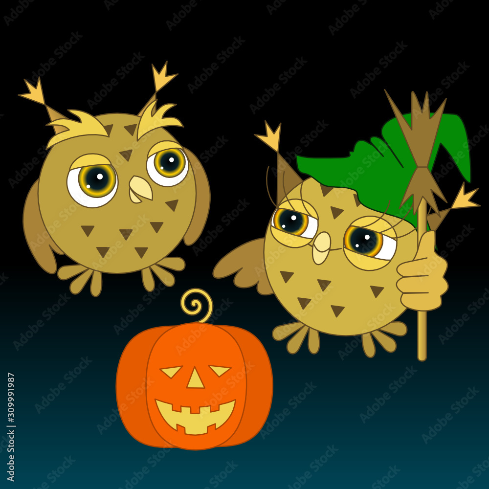 two owls girl in a green hat and with a broom in hand  and a boy celebrate Halloween next to a pumpkin, color vector illustration
