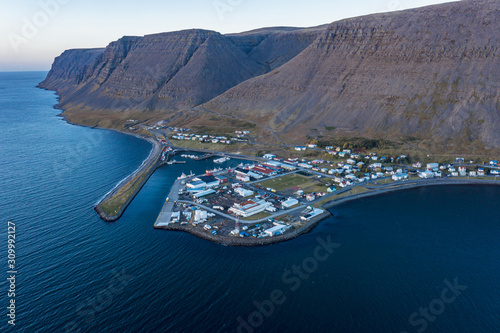 Aerial: Patreksfjordur village in Westfjords, Iceland photo