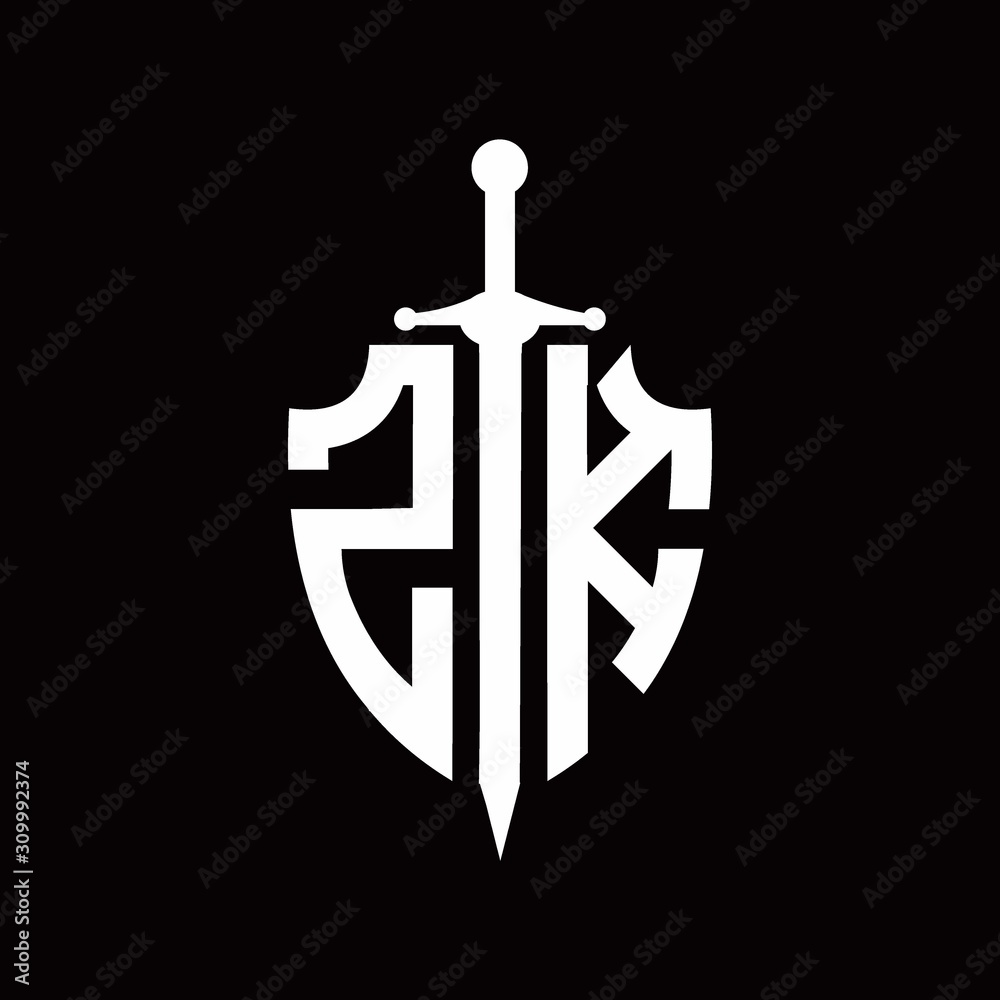 ZK logo with shield shape and sword design template ZK logo with shield shape and sword design template
