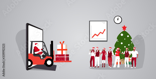santa driving forklift with gift boxes from smartphone screen businesspeople having corporate party using online mobile app christmas holidays celebration delivery concept horizontal vector