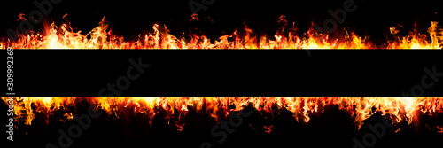 Panorama Fire flames on black background. blank copy space for text message.