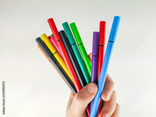Well lit hand holding many colorful pens in different colors on a white background  used in school for studying or in kindergarten for kids to color and paint